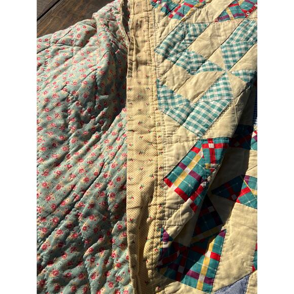 Vintage Crazy Ann Pinwheel Quilt 72x88 Gingham Cottage Farmhouse Grandmillenial - Picture 7 of 11